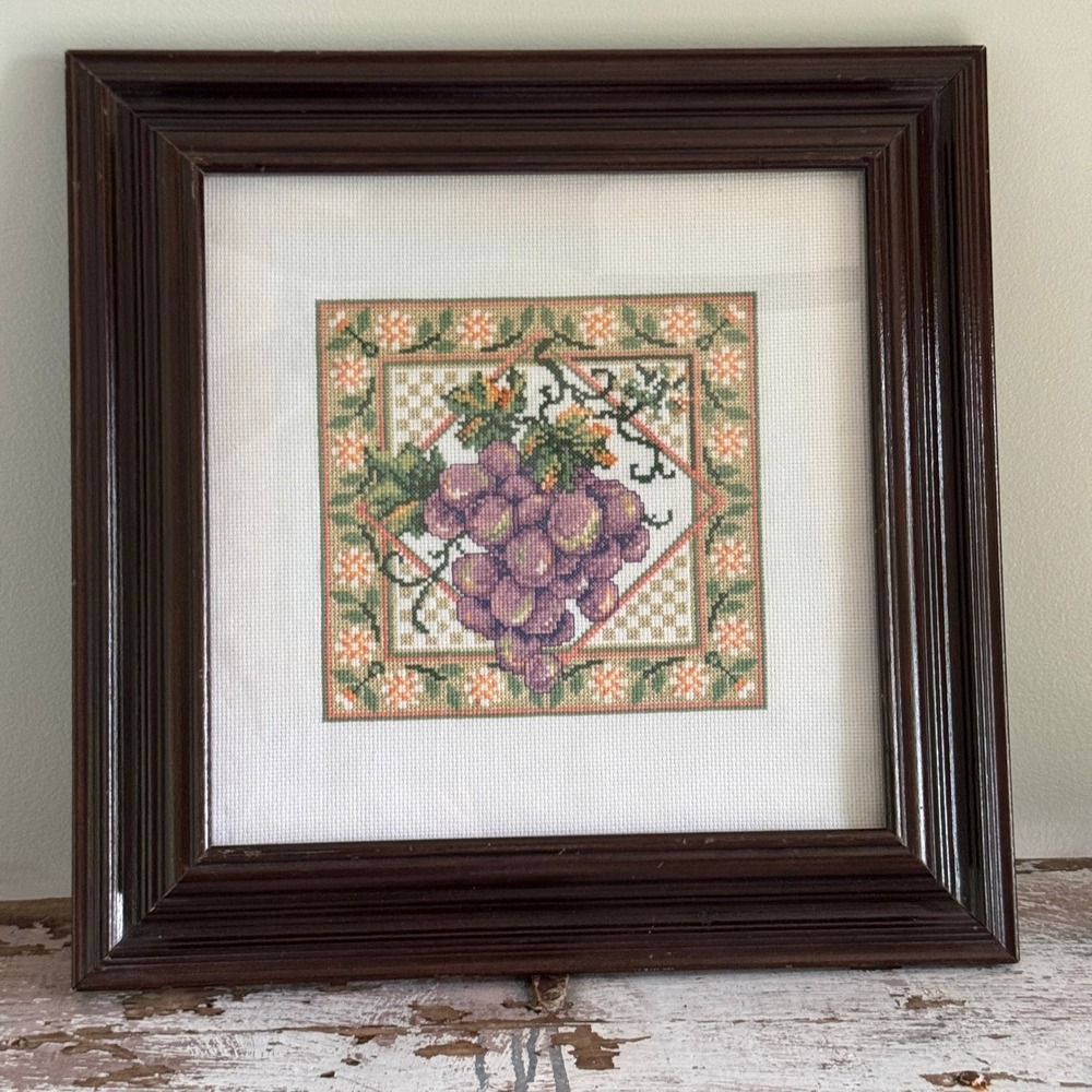 Vintage Framed Grape Cross Stitch Wall Art Handmade 16x16 Dark Wood Frame